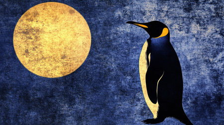 This artistic illustration features a charming silhouette of a penguin beneath a large yellow moon, set against a textured blue background, creating a tranquil nighttime scene.の素材