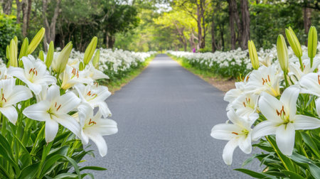 A serene pathway lined with blooming white lilies creates a tranquil scene in a lush green forest. Sunlight filters through the trees, inviting peaceful strolls.の素材