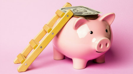 A charming pink piggy bank sits beneath a yellow ladder, topped with a dollar bill, symbolizing financial growth and savings on a soft pink backdrop.の素材