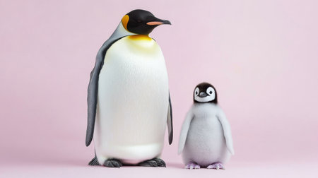 This whimsical image captures a cute emperor penguin alongside its fluffy chick against a soft pink background, perfect for wildlife themes.の素材