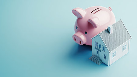 An appealing image showing a pink piggy bank alongside a delicate model house on a light blue background, symbolizing savings for future home ownership.の素材