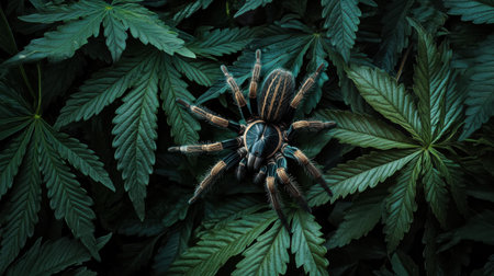 A stunning close-up of a colorful tarantula resting on lush green cannabis leaves, showcasing the intricate patterns and details of both the spider and the foliage.の素材