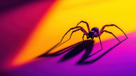 This captivating macro shot features a spider on a colorful background with a striking purple and yellow gradient, highlighting its intricate features and shadow.の素材