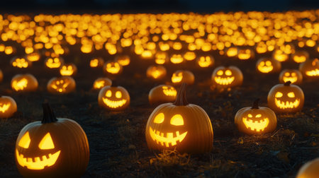 A mesmerizing view of a pumpkin field illuminated at night, featuring glowing jack-o'-lanterns with cheerful expressions, celebrating Halloween's festive spirit.の素材