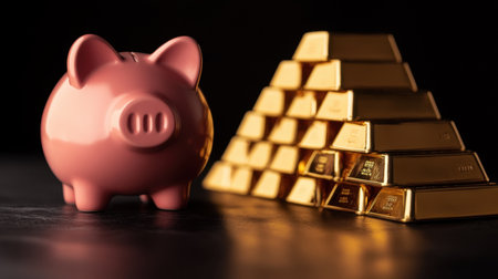 A pink piggy bank sits next to shiny gold bars, illustrating concepts of savings, wealth accumulation, and investment strategies in finance.の素材