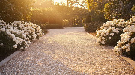 A tranquil garden pathway stretches into the distance, adorned with blooming flowers that radiate beauty under the warm glow of a golden sunset.の素材