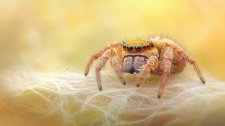 This close-up photograph captures a vibrant spider perched on a soft surface, highlighting its intricate features and textures against a soothing background.の素材