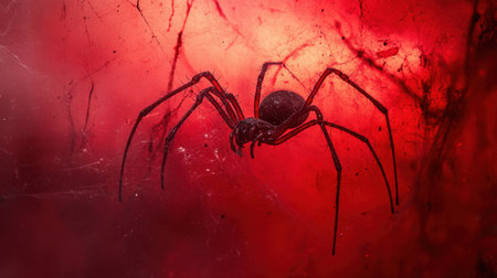 A striking close-up image of a spider, vividly showcased against a red background. The intricate web patterns highlight the creature's detailed features in a captivating manner.の素材