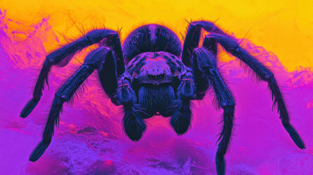 This striking macro photograph captures a spider in vibrant colors against a bold background, showcasing intricate details and textures for an artistic touch.の素材