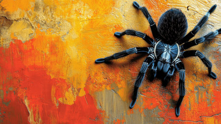 This captivating close-up image features a striking black spider against a vibrant abstract background. Rich textures and warm tones of orange and gold create a visually stunning contrast, highlighting the intricate details of this unique spider in its natural environment.の素材