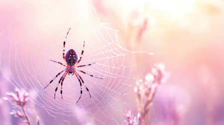 This stunning image features a colorful spider delicately weaving its intricate web among soft flowers, illuminated by the warm glow of a sunset.の素材