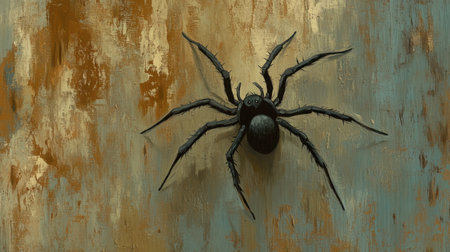 A striking black spider crawls across a textured background blending rustic colors with abstract elements, evoking a sense of fear and intrigue.の素材
