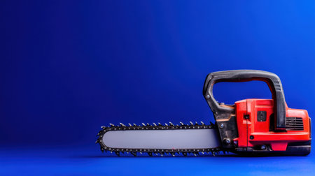 This striking image features a vibrant red electric chainsaw on a bold blue background, showcasing its sharp blade and ergonomic handle, ideal for various tasks.の素材