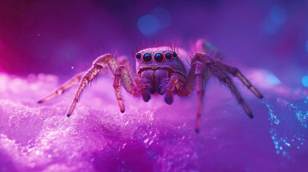 This stunning macro photograph captures a colorful spider with detailed features against a vibrant purple and blue background, showcasing nature's beauty.の素材
