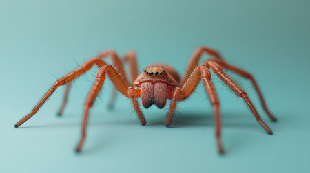 This striking close-up captures the intricate features of a bold orange spider against a serene teal backdrop, showcasing its delicate details and unique characteristics beautifully.の素材