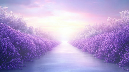 Enchanting view of lavender fields at sunset, with a gentle waterway reflecting pastel colors in the sky, evoking a sense of calm and serenity.の素材