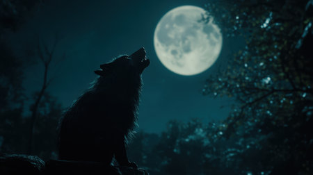 A stunning image of a wolf distinctly howling at a bright full moon, surrounded by a tranquil forest at night, capturing emotion and mystique.の素材