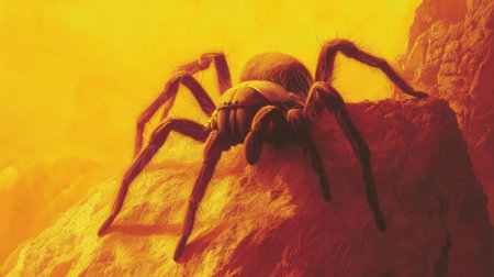 This striking close-up image features a realistic spider set against an intense orange landscape, illuminated by dramatic lighting that creates an eerie atmosphere.の素材