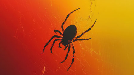 This captivating image features the silhouette of a spider on its web against a striking gradient background of red and yellow, creating a dramatic atmosphere.の素材