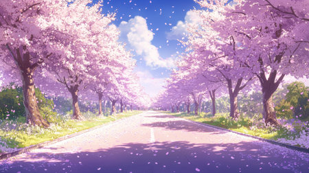 A stunning pathway lined with vibrant cherry blossom trees creates a tranquil scene, showcasing the beauty of spring under a clear blue sky.の素材