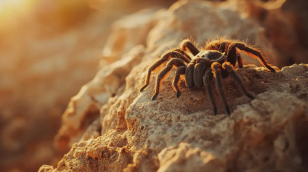 A close-up view of a tarantula spider resting on a rock, surrounded by a warm sunlight backdrop, showcasing intricate details and textures of its body.の素材