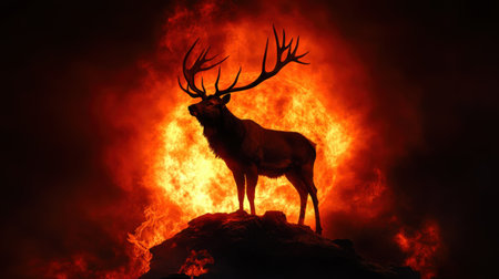 A powerful silhouette of a majestic deer stands atop a rock amid a backdrop of vivid flames, creating a breathtaking scene of nature's beauty and strength.の素材