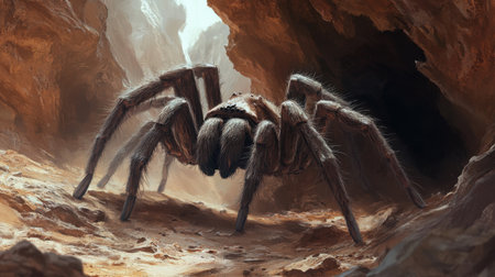 A striking image of a tarantula positioned in a rugged desert landscape, showcasing its distinct anatomy and natural habitat under warm sunlight.の素材