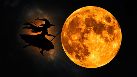This captivating image showcases the silhouette of a witch flying on a broomstick against a vibrant full moon. Ideal for celebrating Halloween or any fantasy themes.の素材