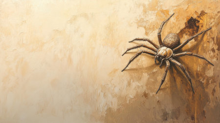 A close-up view of a realistic spider on a textured wall, showcasing natural colors and intricate details that evoke curiosity about the natural world.の素材