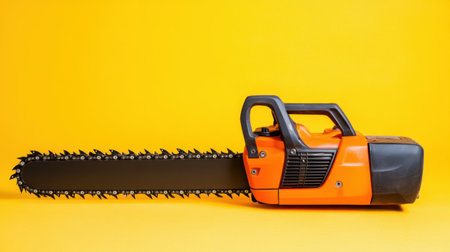 A striking electric chainsaw set against a vibrant yellow background, perfect for showcasing woodworking, landscaping, and outdoor maintenance activities.の素材