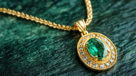 A close-up image of a stunning gold necklace featuring an exquisite emerald pendant surrounded by sparkling diamonds, set on a rich green background.の素材