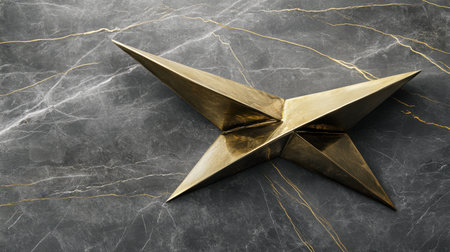 This image showcases an elegant gold decorative object resting on a dark marble surface, highlighting its geometric design and luxurious finish.の素材