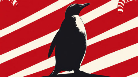 This eye-catching illustration features a bold black silhouette of a penguin set against a vibrant red and white striped background with candy cane accents.の素材