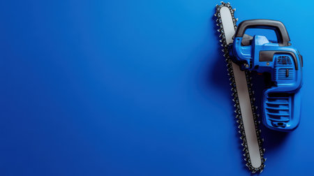 A bright electric chainsaw rests against a rich blue background, ideal for representing home improvement and gardening applications in modern settings.の素材