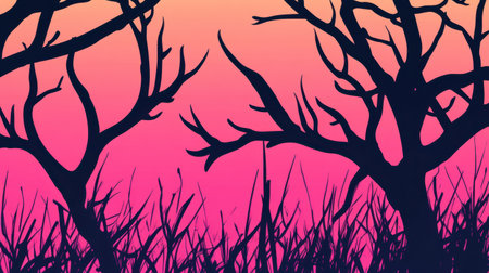 This artwork features intricate silhouetted trees set against a stunning gradient sky of pink and orange at dusk. Tall grasses foreground add depth to this serene landscape.の素材