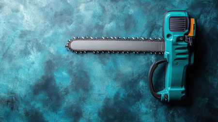A detailed image of an electric chainsaw on a striking teal and blue textured background, showcasing its durable design and sharp blade for effective cutting tasks.の素材
