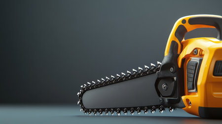 This image features a close-up view of a modern chainsaw, emphasizing its sleek design and powerful blade. Ideal for projects related to woodworking or outdoor activities.の素材