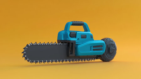 A modern electric chainsaw showcased against a vibrant yellow background, perfect for highlighting the innovative design and utility in outdoor projects.の素材