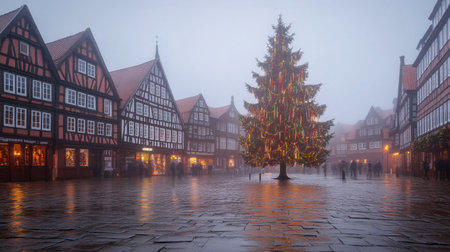 A beautifully decorated Christmas tree shines in a foggy town square, surrounded by historic buildings. The warm lights cast reflections on cobblestones, creating a serene winter atmosphere.の素材