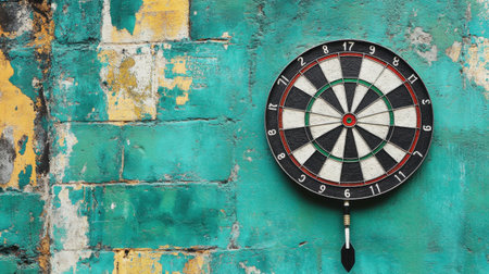 This image features a vintage dartboard mounted on a weathered turquoise wall. The peeling paint and rustic details create a charming backdrop ideal for sports-themed decor or game room aesthetics.の素材