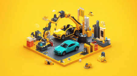This vibrant 3D rendering showcases an automotive assembly line featuring a robotic arm, cars, and various factory elements, all set against a bright yellow backdrop.の素材