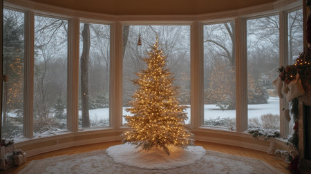 A beautifully decorated Christmas tree shines with soft lights in a cozy living room, offering a warm glow against a snowy landscape outside the large windows.の素材
