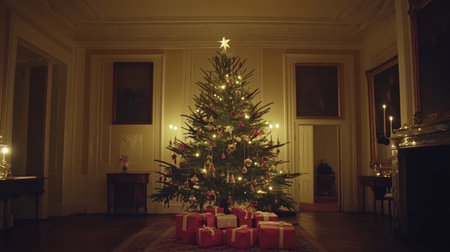 A serene Christmas scene featuring a beautifully decorated tree illuminated by soft lights, surrounded by wrapped presents, conveying warmth and holiday spirit.の素材