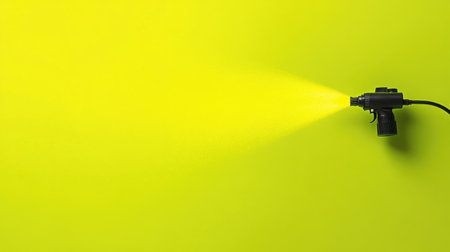 A spray gun positioned on a bright yellow background creates a striking paint stroke, perfect for illustrating artistic processes and DIY projects.の素材