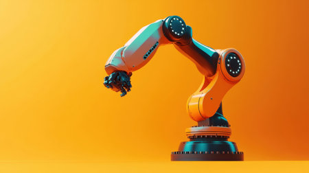 This image features a sleek industrial robotic arm against a bold orange background, embodying cutting-edge technology and innovation in modern manufacturing.の素材