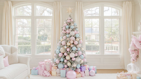 This elegant Christmas tree adorned with pastel ornaments stands in a bright, airy living room filled with wrapped gifts, creating a cozy holiday atmosphere.の素材