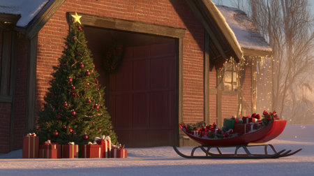 A charming Christmas scene showcases a beautifully decorated tree, wrapped presents, and a traditional sleigh in a cozy garage, evoking holiday warmth.の素材