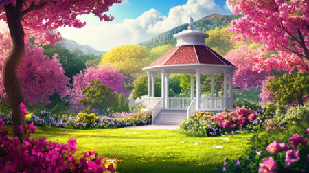 A picturesque garden scene featuring a charming gazebo surrounded by colorful flowers and lush greenery, creating a peaceful outdoor retreat.の素材
