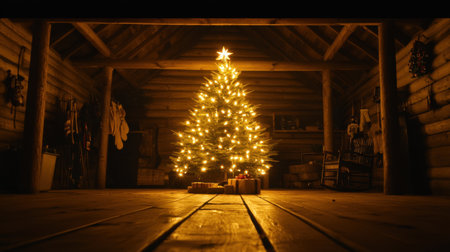 A beautiful Christmas tree glows warmly in a rustic cabin, surrounded by lovely decorations and gifts, creating a festive and serene holiday ambiance.の素材