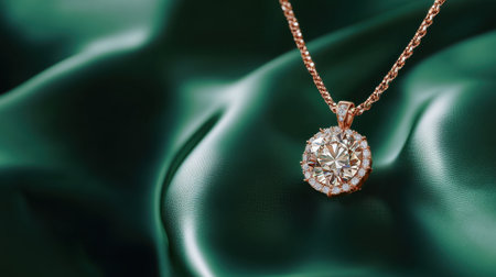 This image showcases an elegant rose gold necklace featuring a brilliant diamond pendant, resting gracefully on smooth green silk fabric. Perfect for jewelry lovers.の素材